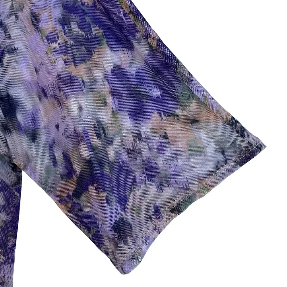 Chico's Floral Blouse Womens M Purple Pullover Wispy Sheer Mesh Lightweight
